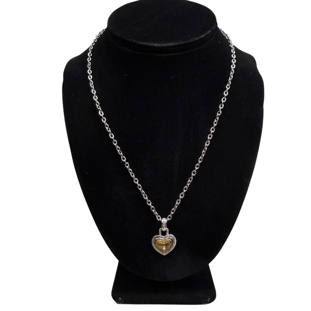 Diamond International Heart Charm Pendant Necklace Silver Tone Gold Accent 10 in